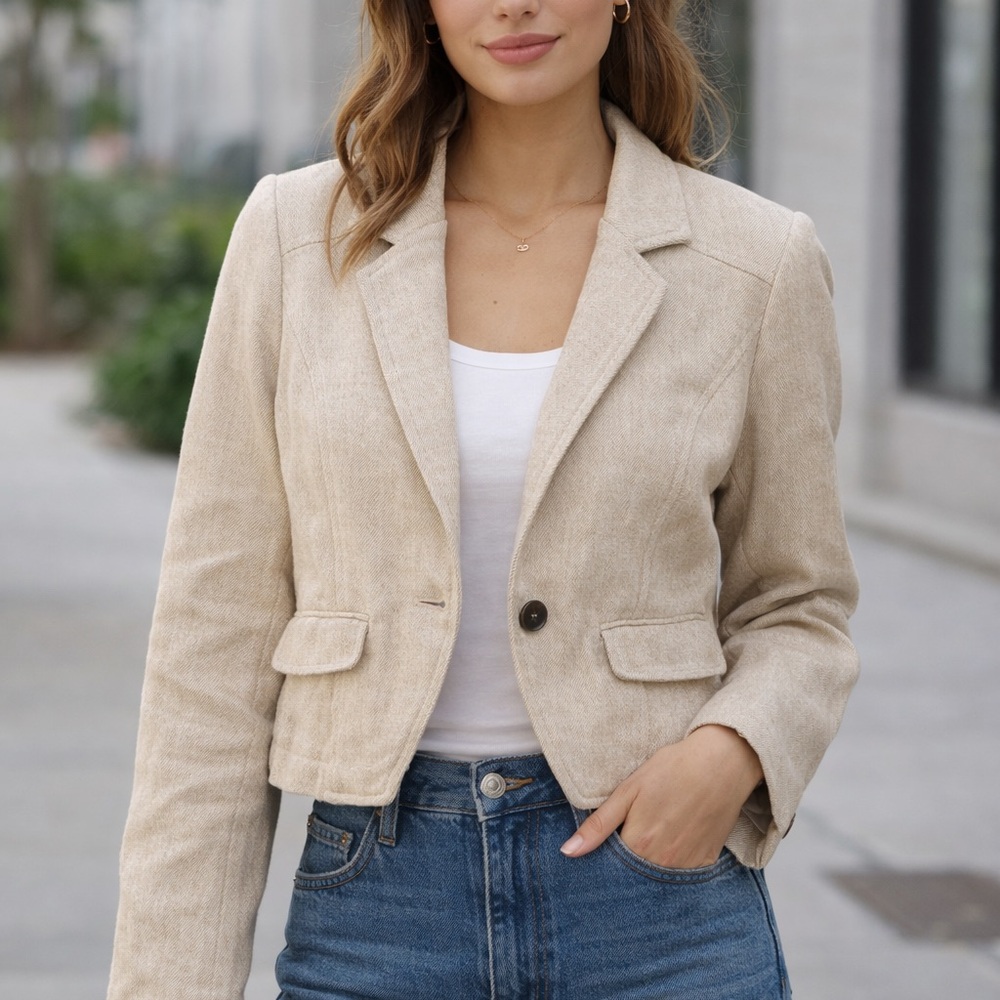 Free People Cropped Linen Blend Blazer | Floral Lined | Thick Structured Jacket